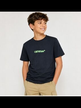 Off-White Black Tee with Neon Green Logo Youth Size 12 NWT
